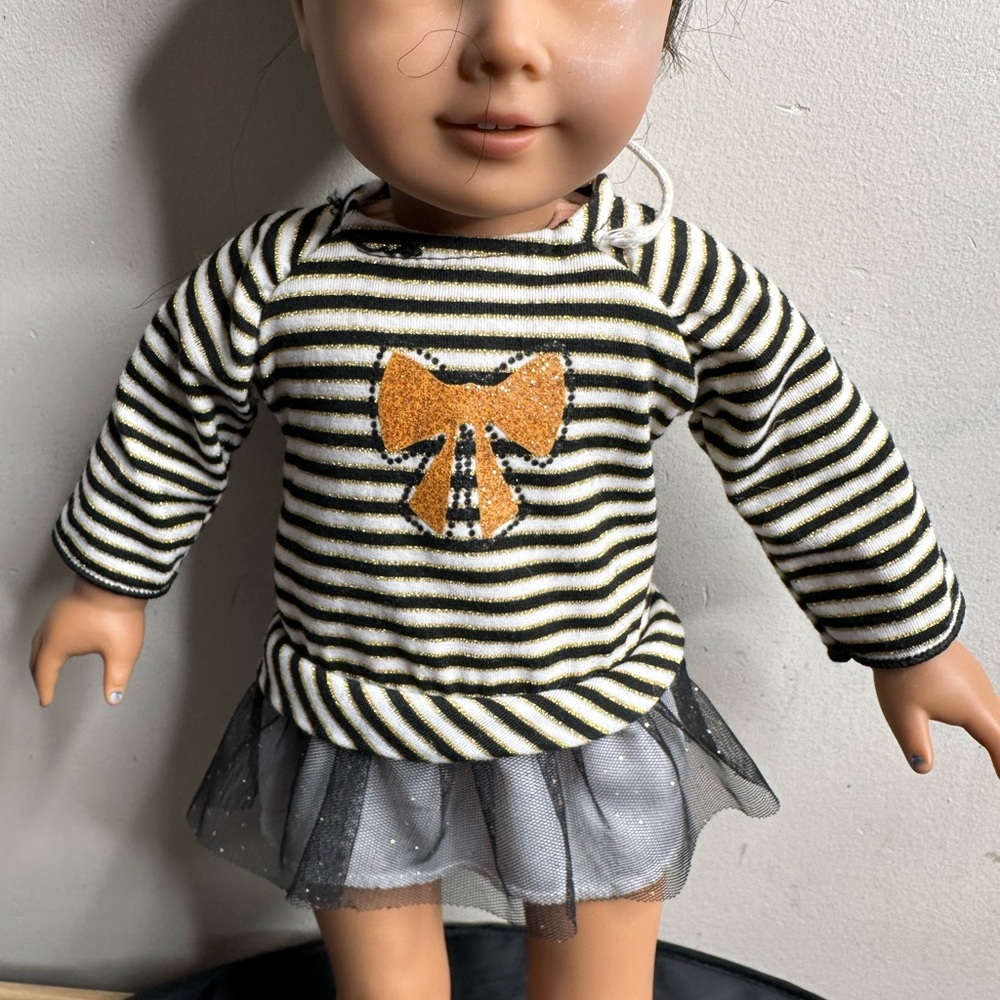 Dollie And Me Dress Shirt For 18" Dolls Black & White Striped with Gold Bow